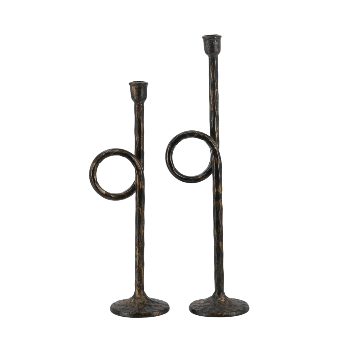 S/2 Black and Gold Iron Candle Holders with Playful Loop Design,  S:5x4x15"  L:5x4x18"