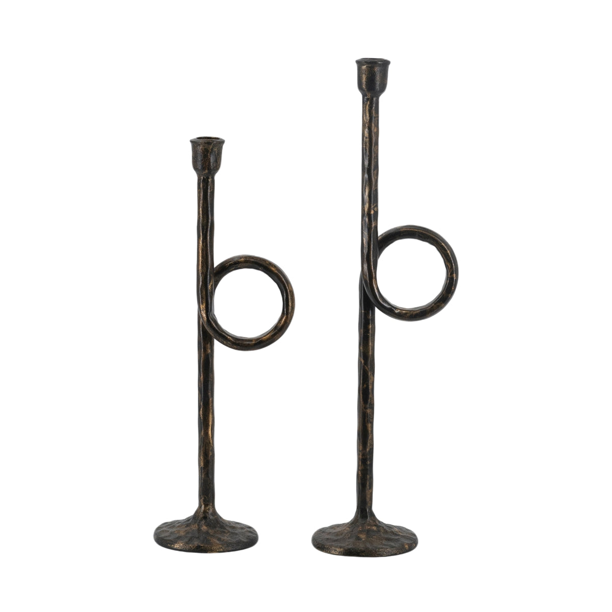 S/2 Black and Gold Iron Candle Holders with Playful Loop Design,  S:5x4x15"  L:5x4x18"