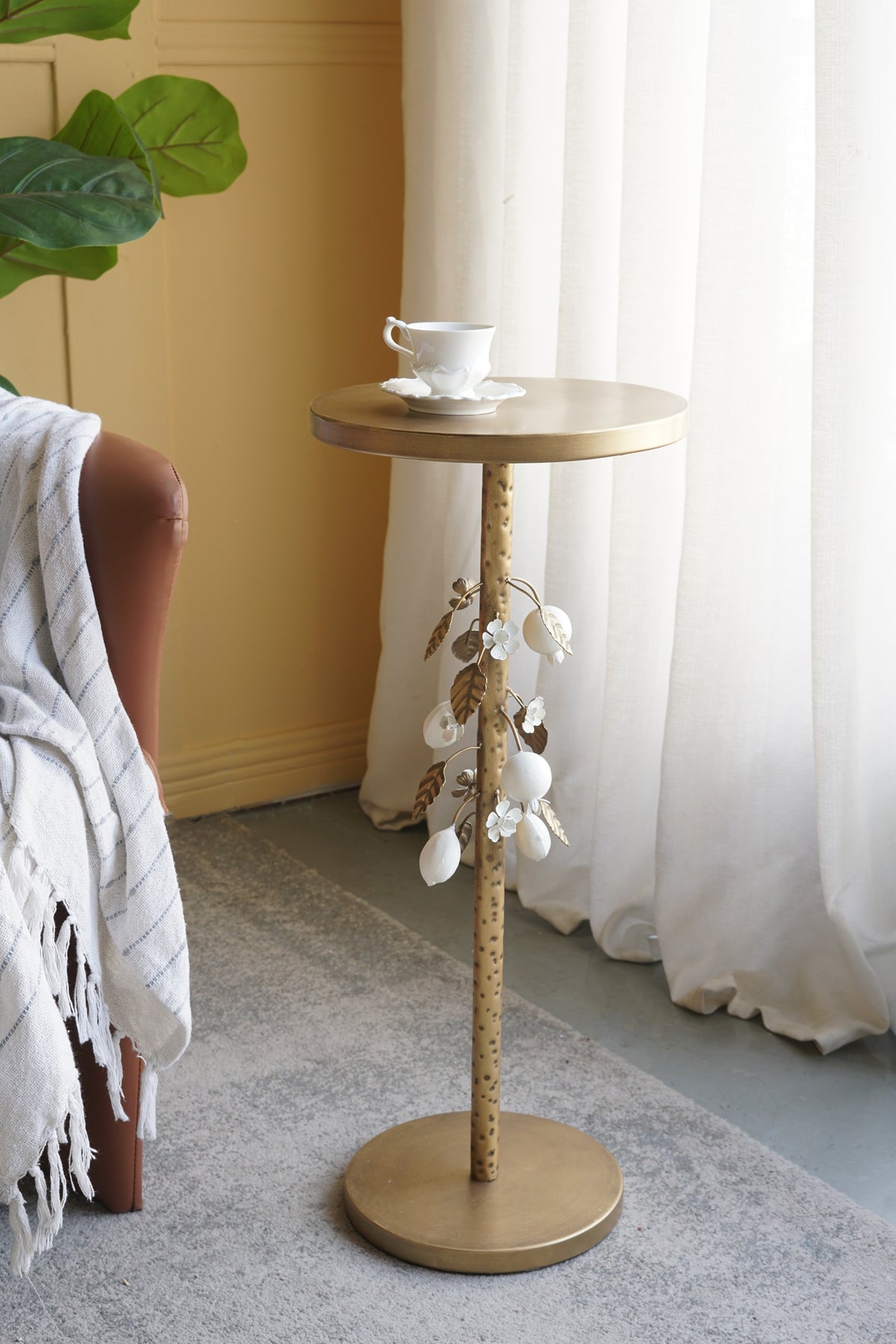 11.8x11.8x28.3" Round Iron Side Table with Gold and White Floral Accents and Cement Base