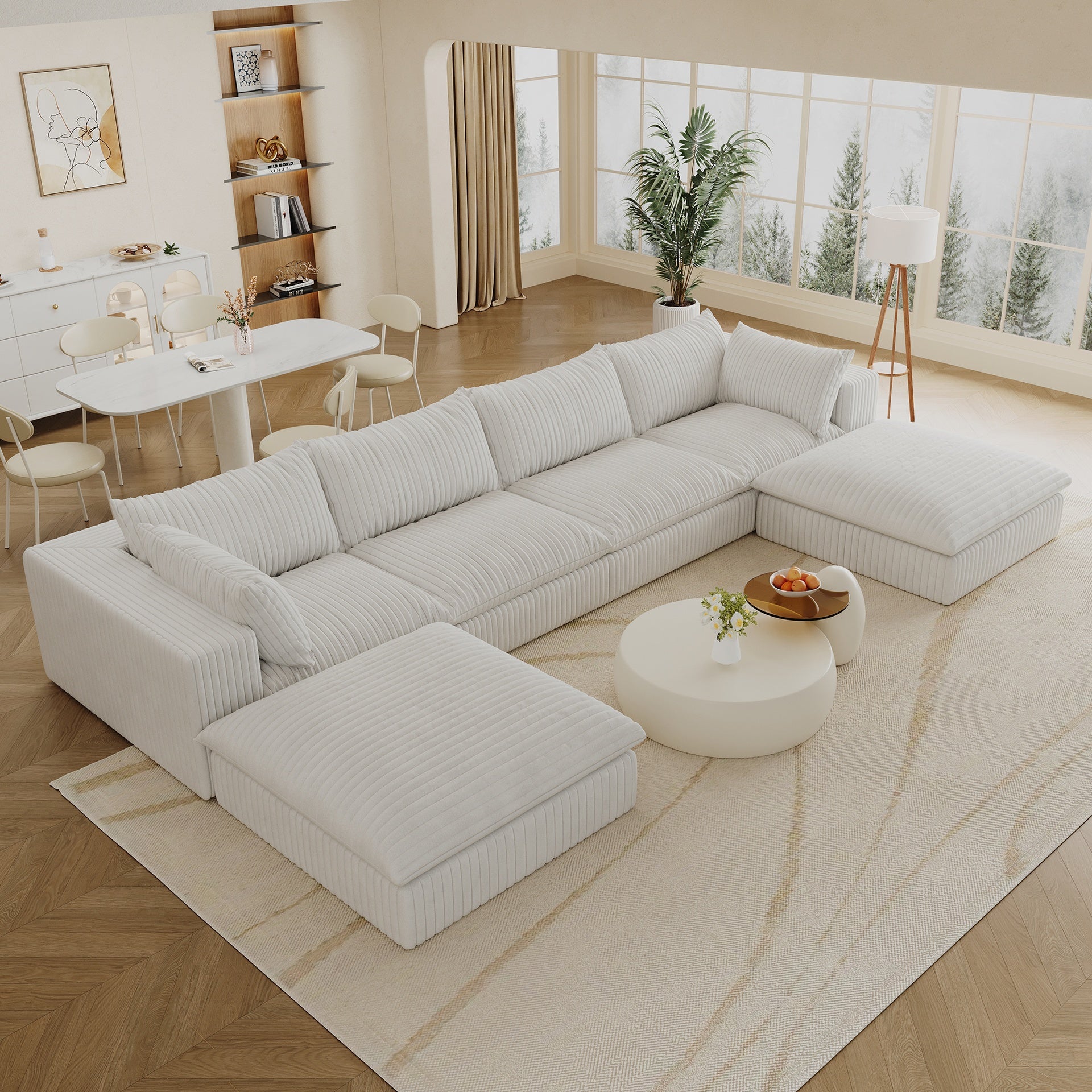 157.6"Cloud Sofa,Corduroy Fabric,Deep Seat Couches,Double-layer design,Removable  Cushion,No Assembly,DIY Combination for Living room, Bedroom,Conference room ,Apartment,White