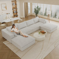 157.6"Cloud Sofa,Corduroy Fabric,Deep Seat Couches,Double-layer design,Removable  Cushion,No Assembly,DIY Combination for Living room, Bedroom,Conference room ,Apartment,White