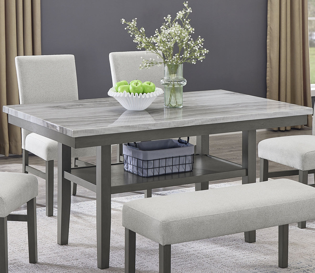 Selena 60" Gray Faux Marble Top Rectangular Dining Table with Storage Shelf in Gray Wood Finish