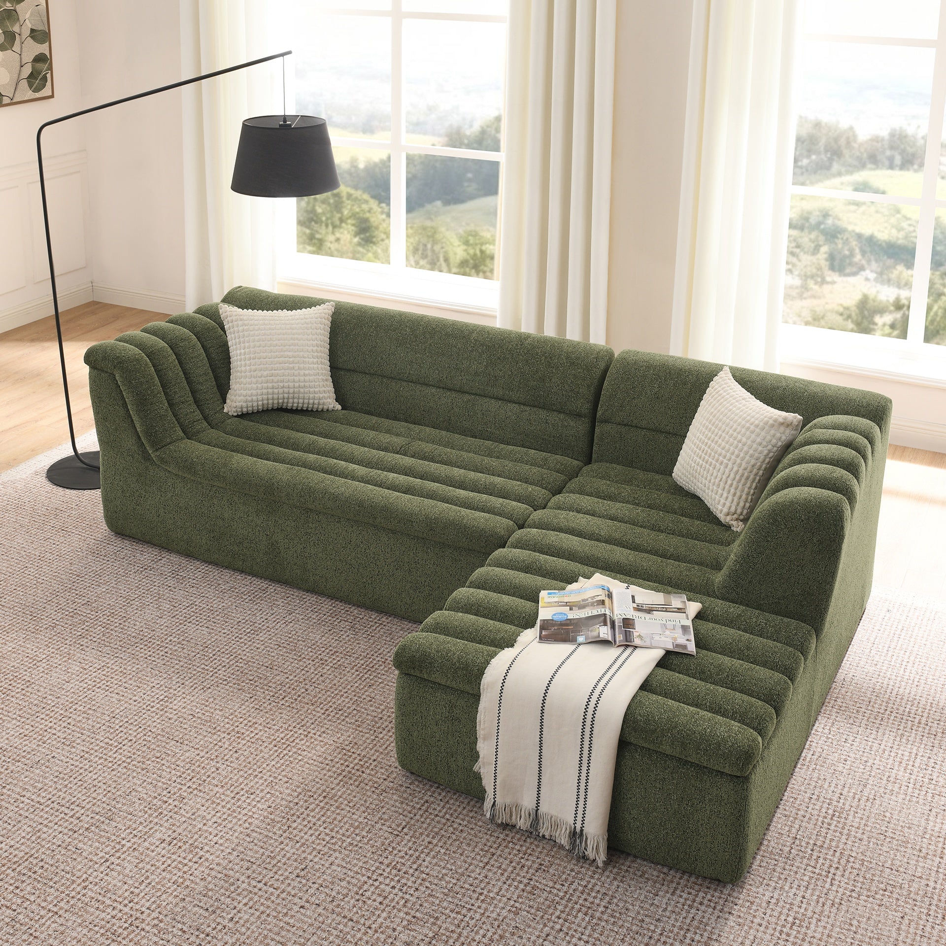 106" L-Shaped Modular Sectional Sofa with Chaise for Living Room, Chenille Upholstered Boneless Couches with Wave-Shaped Armrest, No Pillows Included