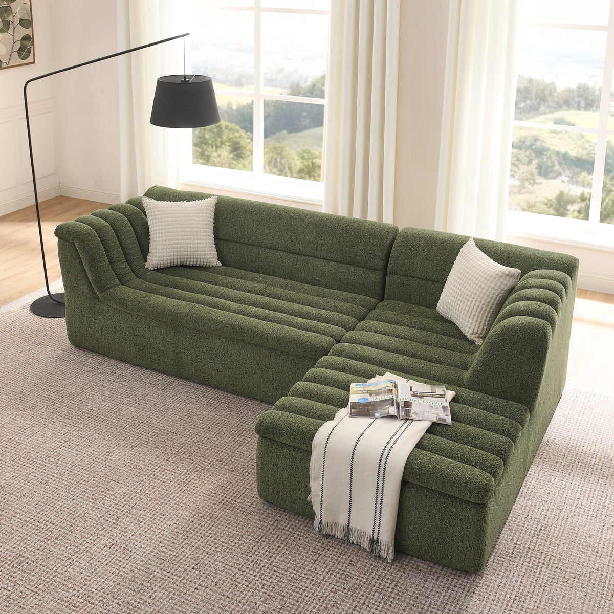 106" L-Shaped Modular Sectional Sofa with Chaise for Living Room, Chenille Upholstered Boneless Couches with Wave-Shaped Armrest, No Pillows Included