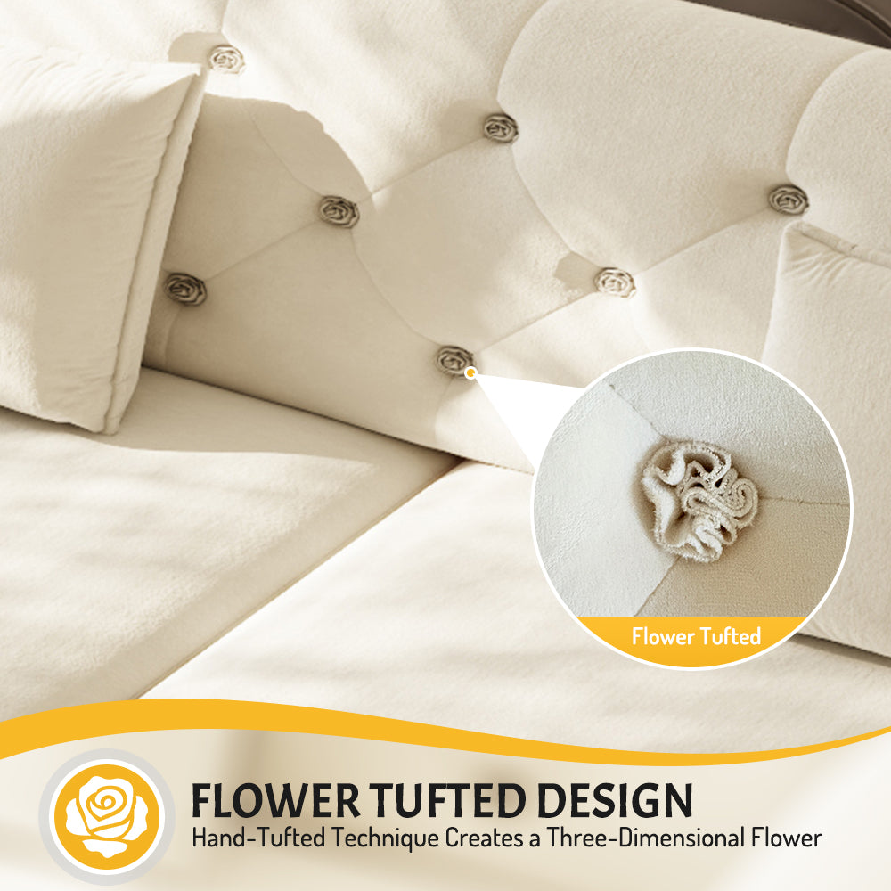 74.4"  Queen Pull Out Sofa Bed,  Convertible Sleeper Sofa with Handmade Fabric Flower Tufted Design,Multi-Functional Velvet Loveseat Bed for Living Room,Bedroom,Apartment,Beige/White