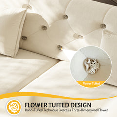 74.4"  Queen Pull Out Sofa Bed,  Convertible Sleeper Sofa with Handmade Fabric Flower Tufted Design,Multi-Functional Velvet Loveseat Bed for Living Room,Bedroom,Apartment,Beige/White