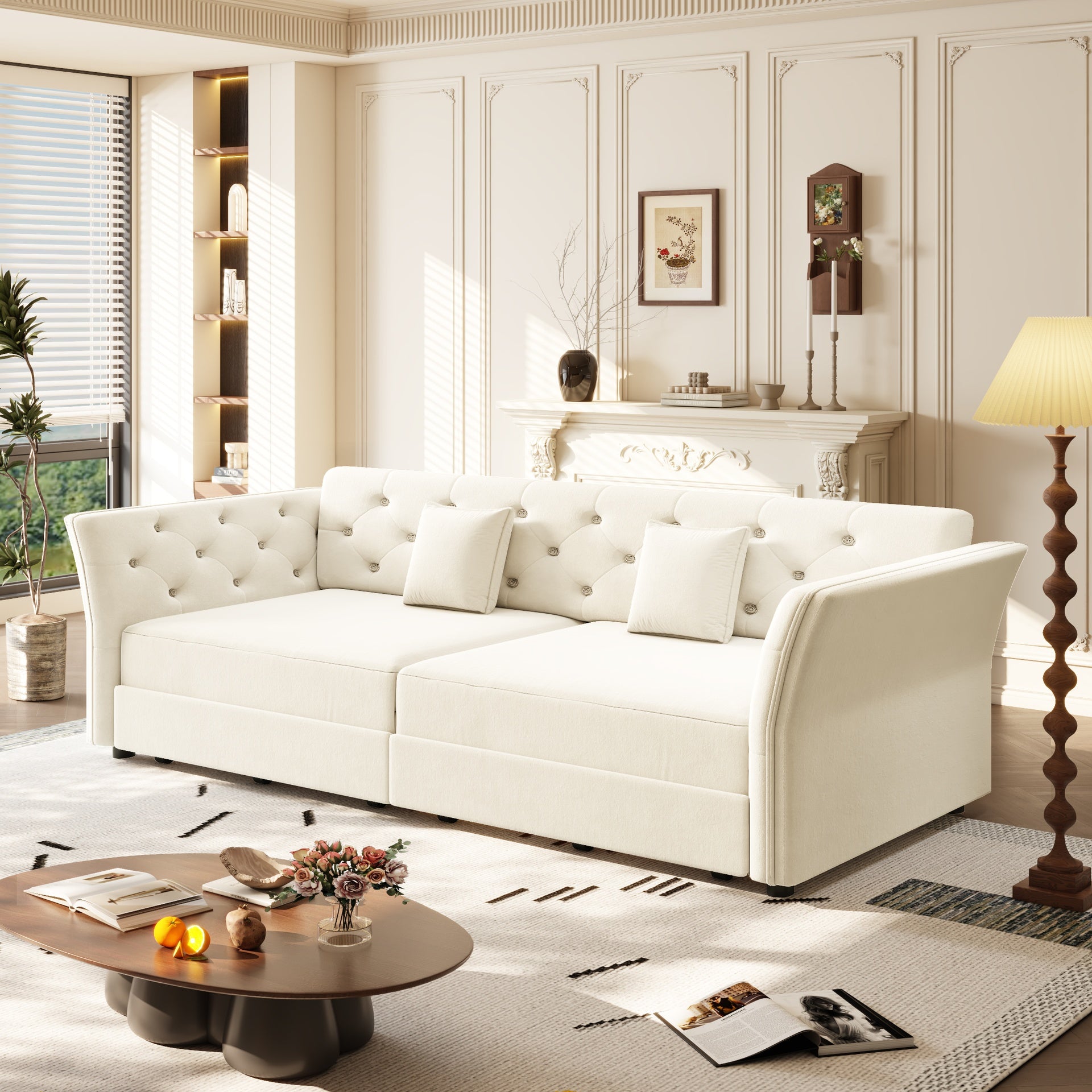 74.4"  Queen Pull Out Sofa Bed,  Convertible Sleeper Sofa with Handmade Fabric Flower Tufted Design,Multi-Functional Velvet Loveseat Bed for Living Room,Bedroom,Apartment,Beige/White