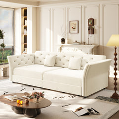 74.4"  Queen Pull Out Sofa Bed,  Convertible Sleeper Sofa with Handmade Fabric Flower Tufted Design,Multi-Functional Velvet Loveseat Bed for Living Room,Bedroom,Apartment,Beige/White