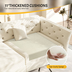 74.4"  Queen Pull Out Sofa Bed,  Convertible Sleeper Sofa with Handmade Fabric Flower Tufted Design,Multi-Functional Velvet Loveseat Bed for Living Room,Bedroom,Apartment,Beige/White