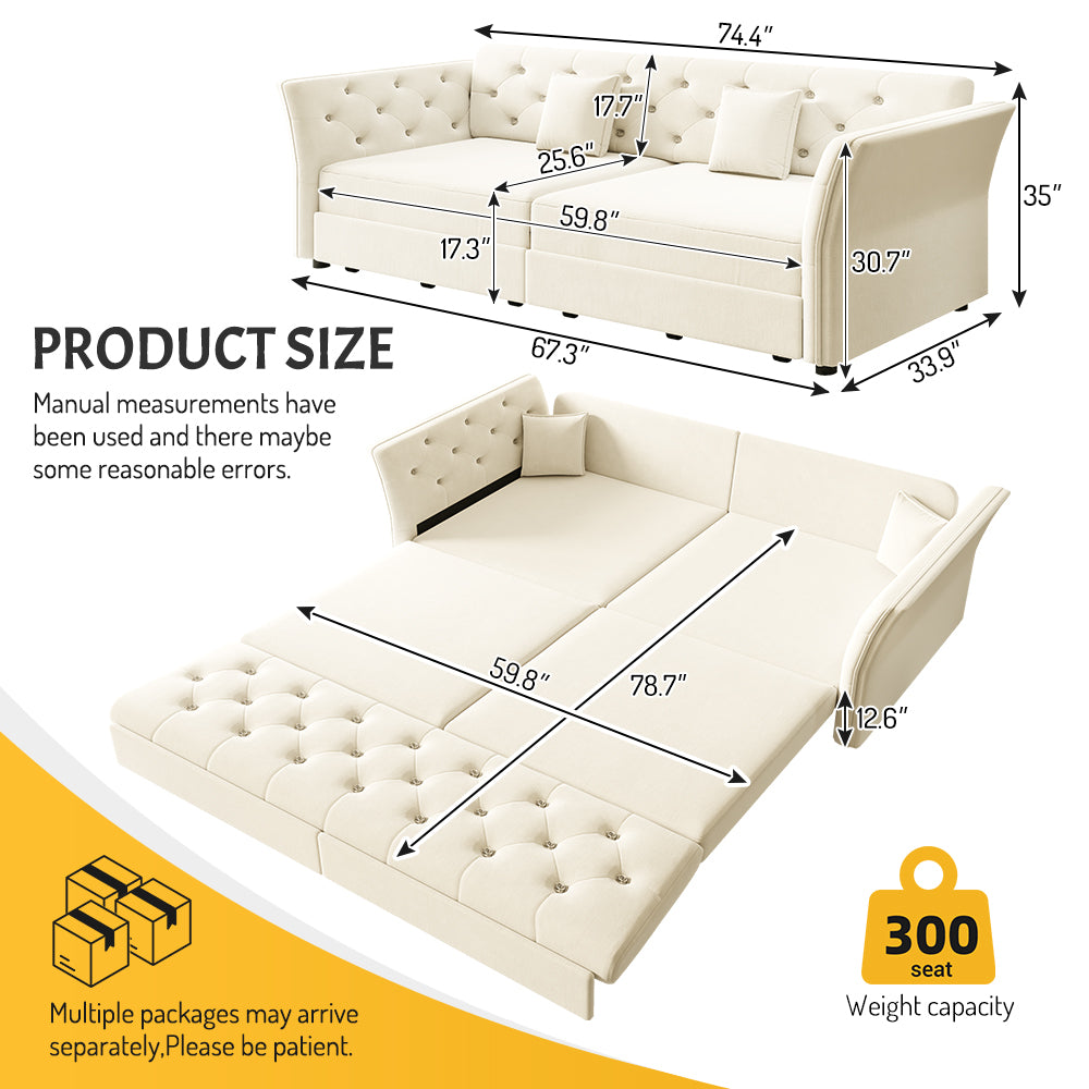 74.4"  Queen Pull Out Sofa Bed,  Convertible Sleeper Sofa with Handmade Fabric Flower Tufted Design,Multi-Functional Velvet Loveseat Bed for Living Room,Bedroom,Apartment,Beige/White