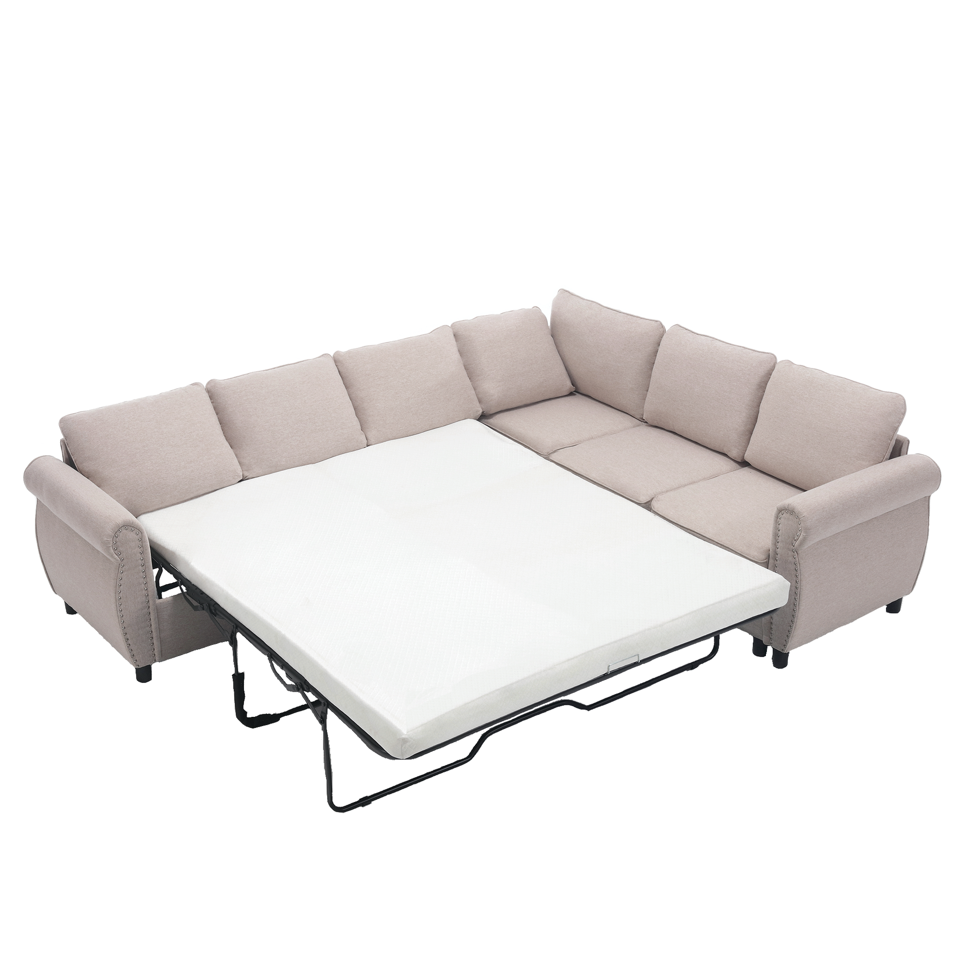 Sleeper Sofa, 2 in 1 Pull Out Couch Bed,6 seater sofa bed, L Shaped Sleeper Sectional Sofa Couch,Riveted sofa,104'' Large combined sofa Bed in living room, Beige
