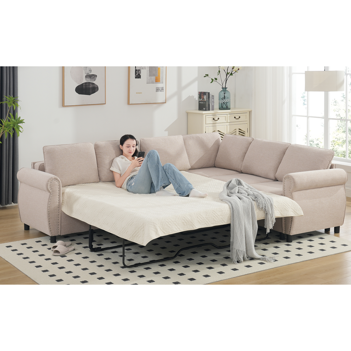 Sleeper Sofa, 2 in 1 Pull Out Couch Bed,6 seater sofa bed, L Shaped Sleeper Sectional Sofa Couch,Riveted sofa,104'' Large combined sofa Bed in living room, Beige
