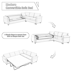 Sleeper Sofa, 2 in 1 Pull Out Couch Bed,6 seater sofa bed, L Shaped Sleeper Sectional Sofa Couch,Riveted sofa,104'' Large combined sofa Bed in living room, Beige