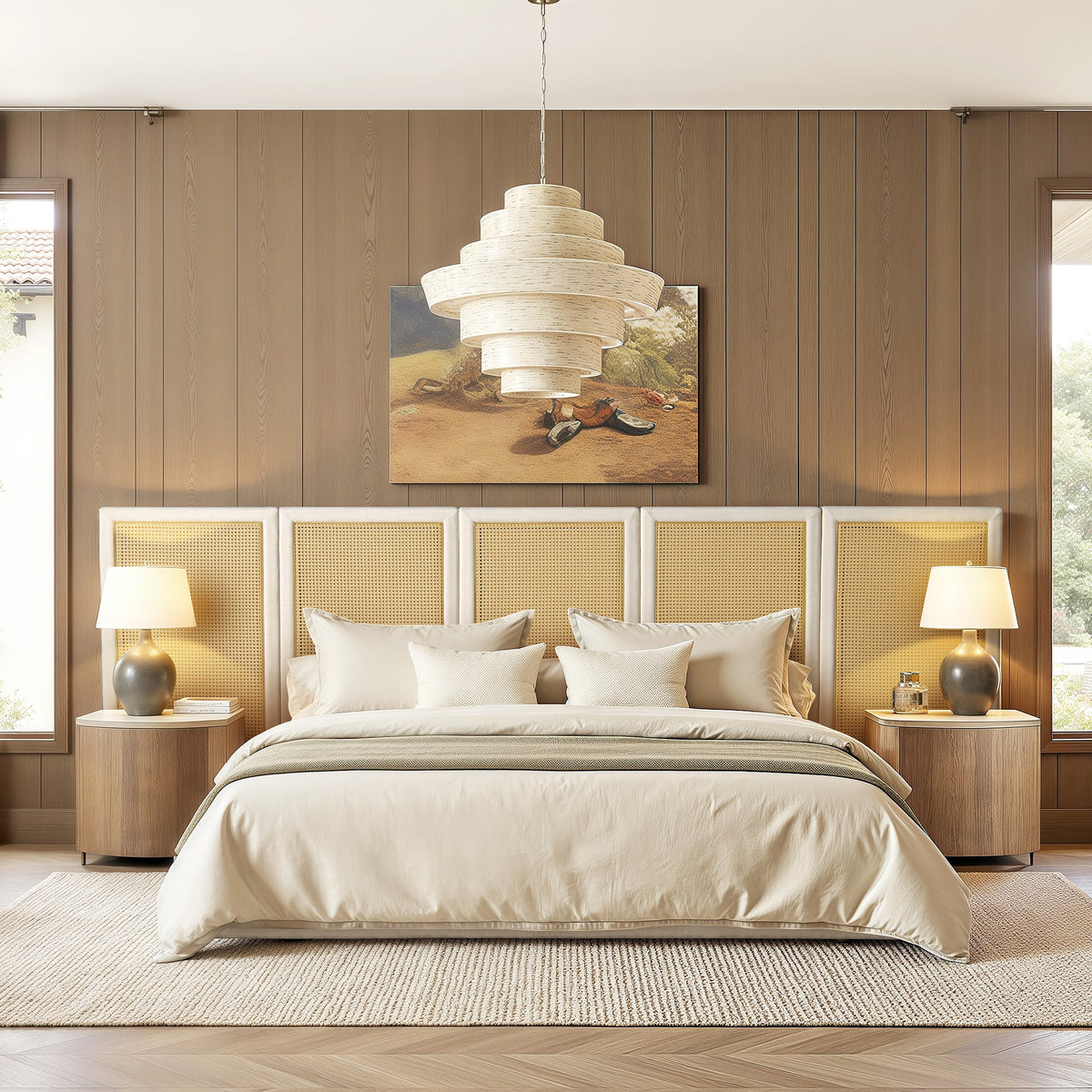 Capri Extended Headboard Cane Platform Bed, Antique White Polyester