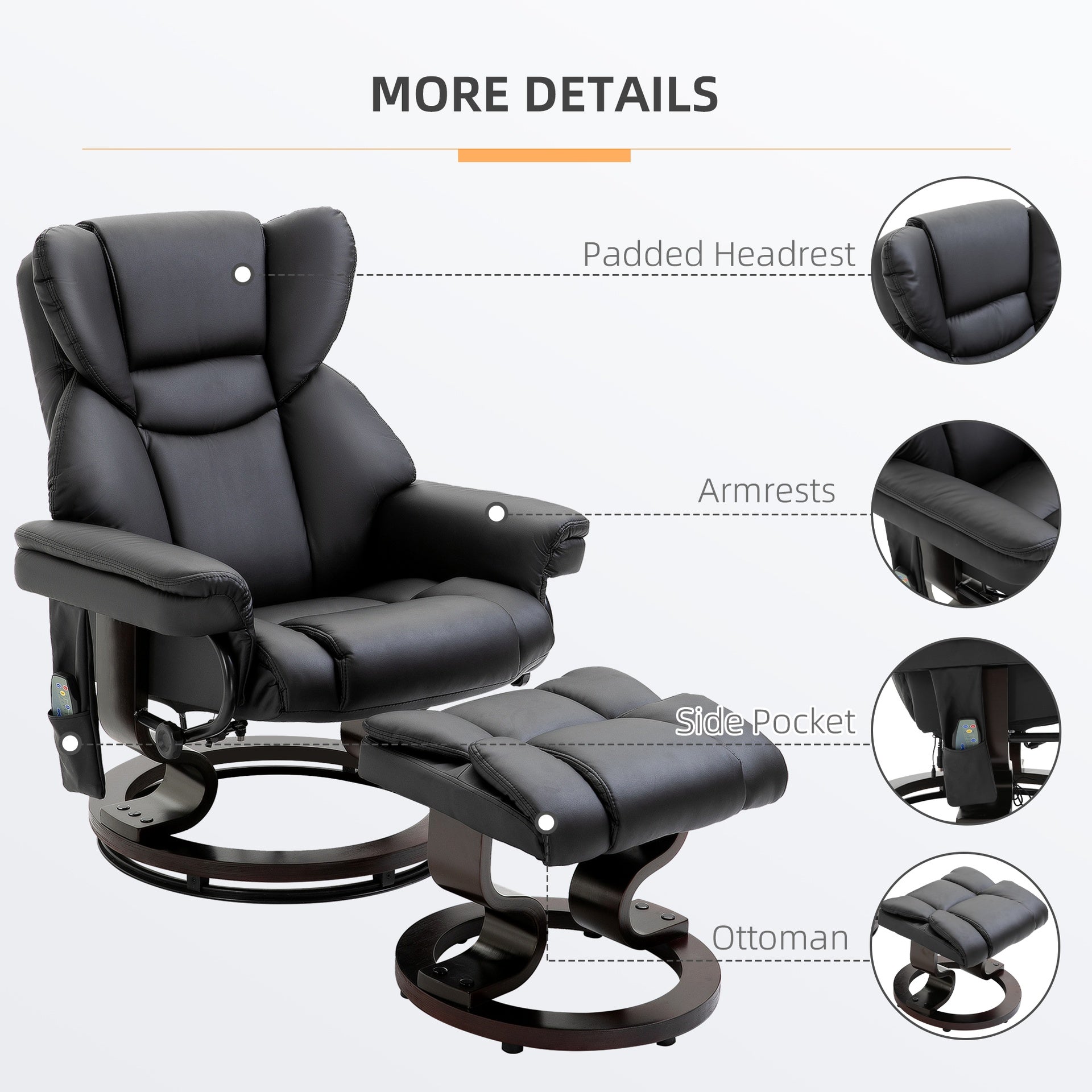 HOMCOM Massage Recliner Chair with Ottoman Footrest, 10 Vibration Points, 360° Swivel Reclining Chair, Faux Leather Living Room Chair with Side Pocket and Remote Control, Black