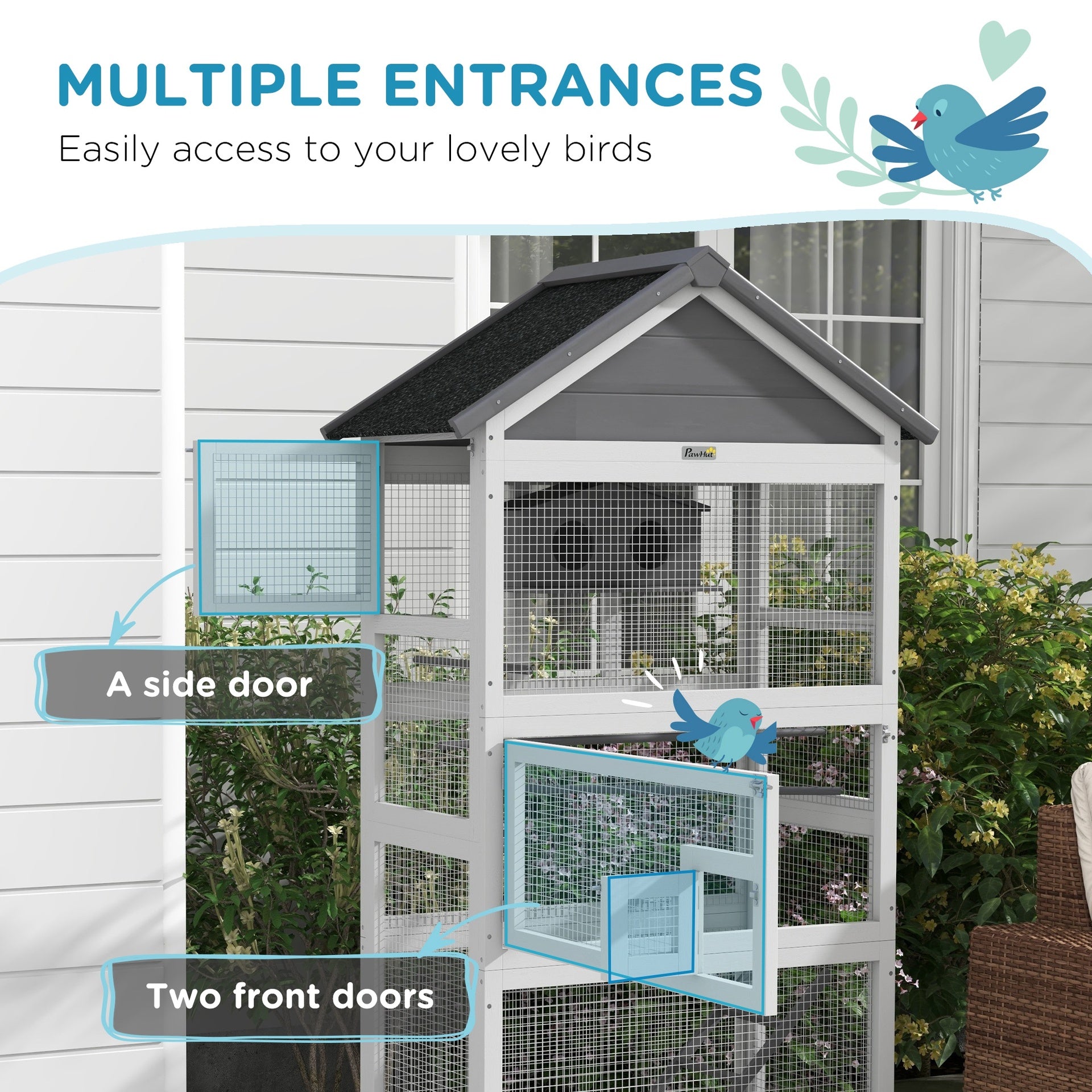 PawHut Wooden Bird Aviary, 67" Outdoor Bird Cage with Slide-Out Tray, Three Doors, Birdhouse, Ladder, Perches for Finches, Parakeets, Gray