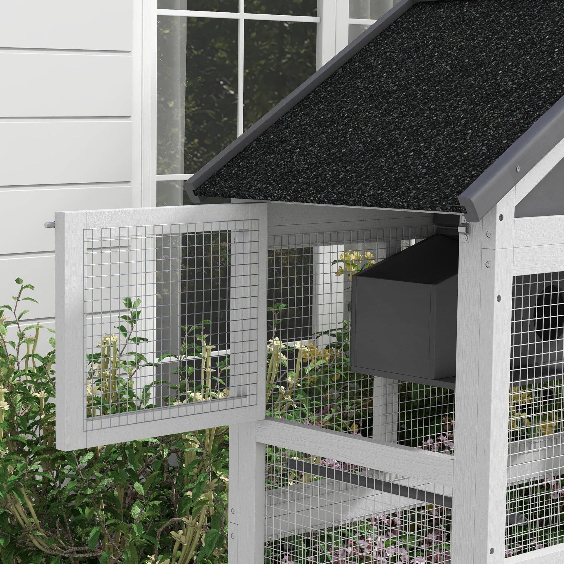 PawHut Wooden Bird Aviary, 67" Outdoor Bird Cage with Slide-Out Tray, Three Doors, Birdhouse, Ladder, Perches for Finches, Parakeets, Gray