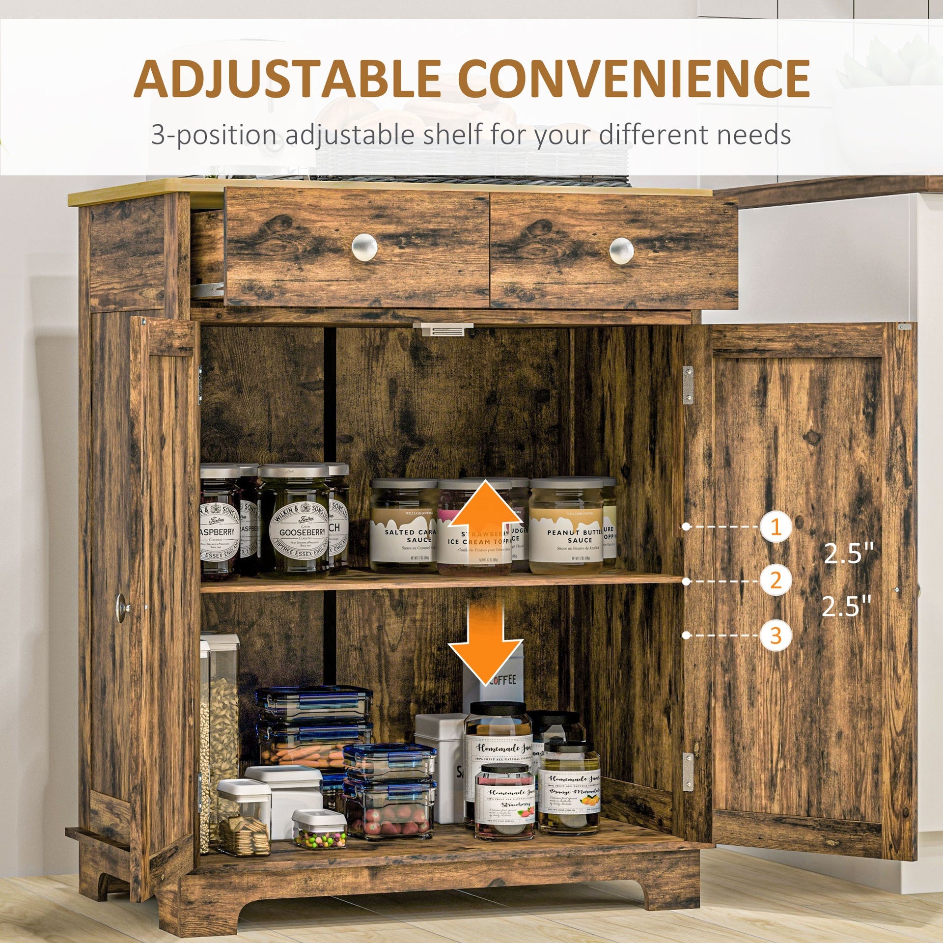 HOMCOM Sideboard with Solid Wood Countertop, Modern Kitchen Storage Cabinet, Coffee Bar Cabinet with 2 Drawers, Doors and Adjustable Shelf, Rustic Brown
