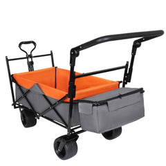 With Push Handle, 480Lbs Collapsible Wagon with Canopy, Wagon cart with 7" All-Terrain Wheels, Lightweight Foldable Wagon, Large Capacity for Camping, Shopping, Sports, and Garden Use, orange