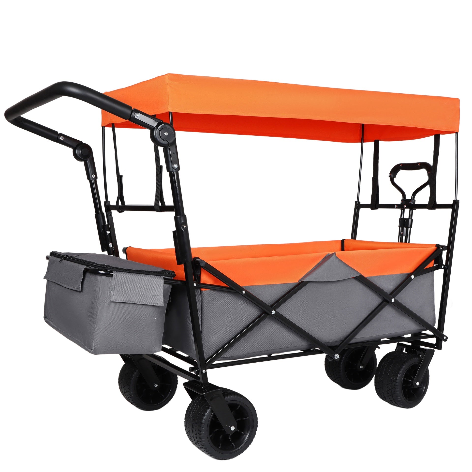 With Push Handle, 480Lbs Collapsible Wagon with Canopy, Wagon cart with 7" All-Terrain Wheels, Lightweight Foldable Wagon, Large Capacity for Camping, Shopping, Sports, and Garden Use, orange