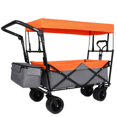 With Push Handle, 480Lbs Collapsible Wagon with Canopy, Wagon cart with 7" All-Terrain Wheels, Lightweight Foldable Wagon, Large Capacity for Camping, Shopping, Sports, and Garden Use, orange