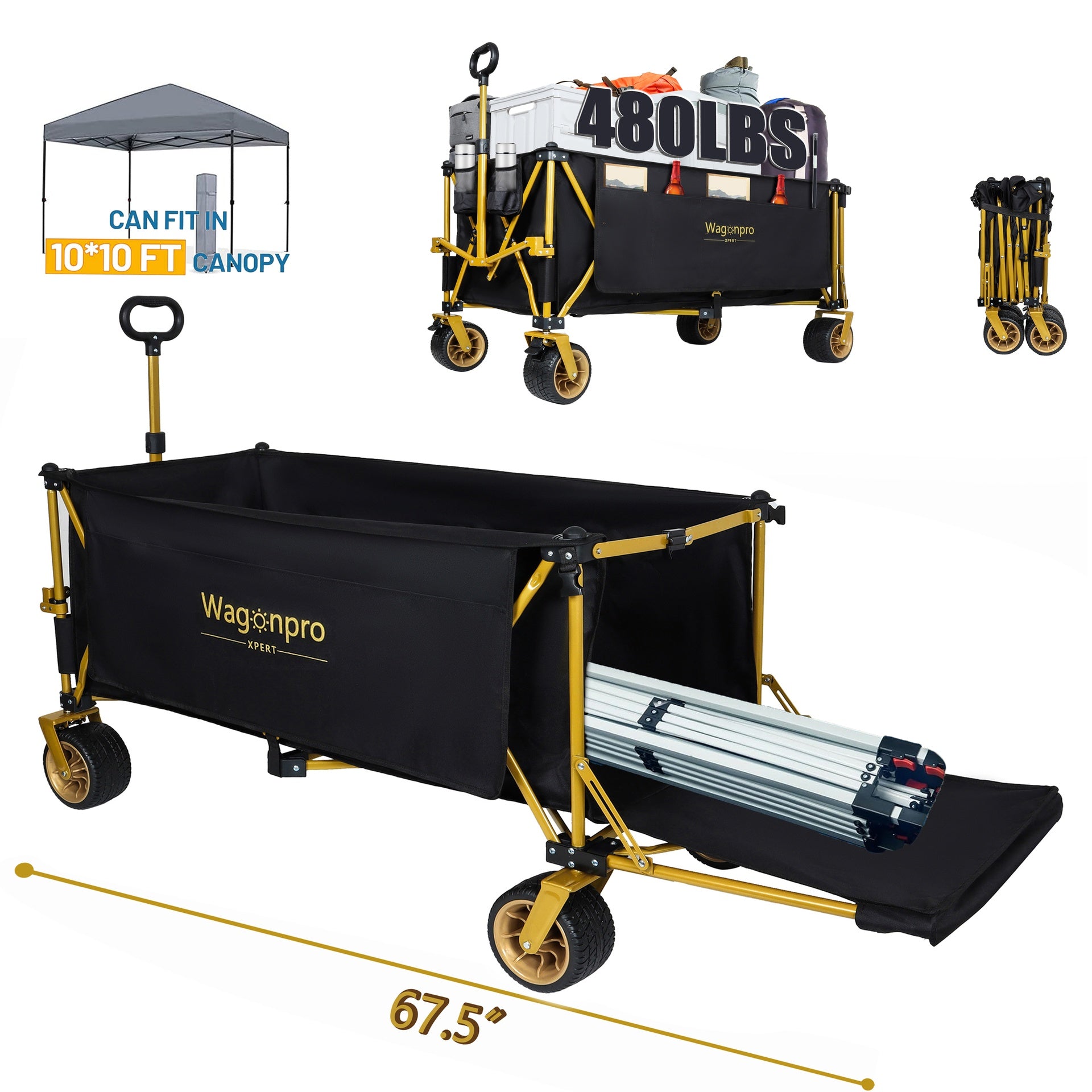 67-1/2in Extra long large Heavy Duty Utility Beach Wagons with Opened Tailgate and All-Terrain Wheels, 480lbs Capacity, Patented Ultra-Stable Frame,  No Assembly Needed, Black