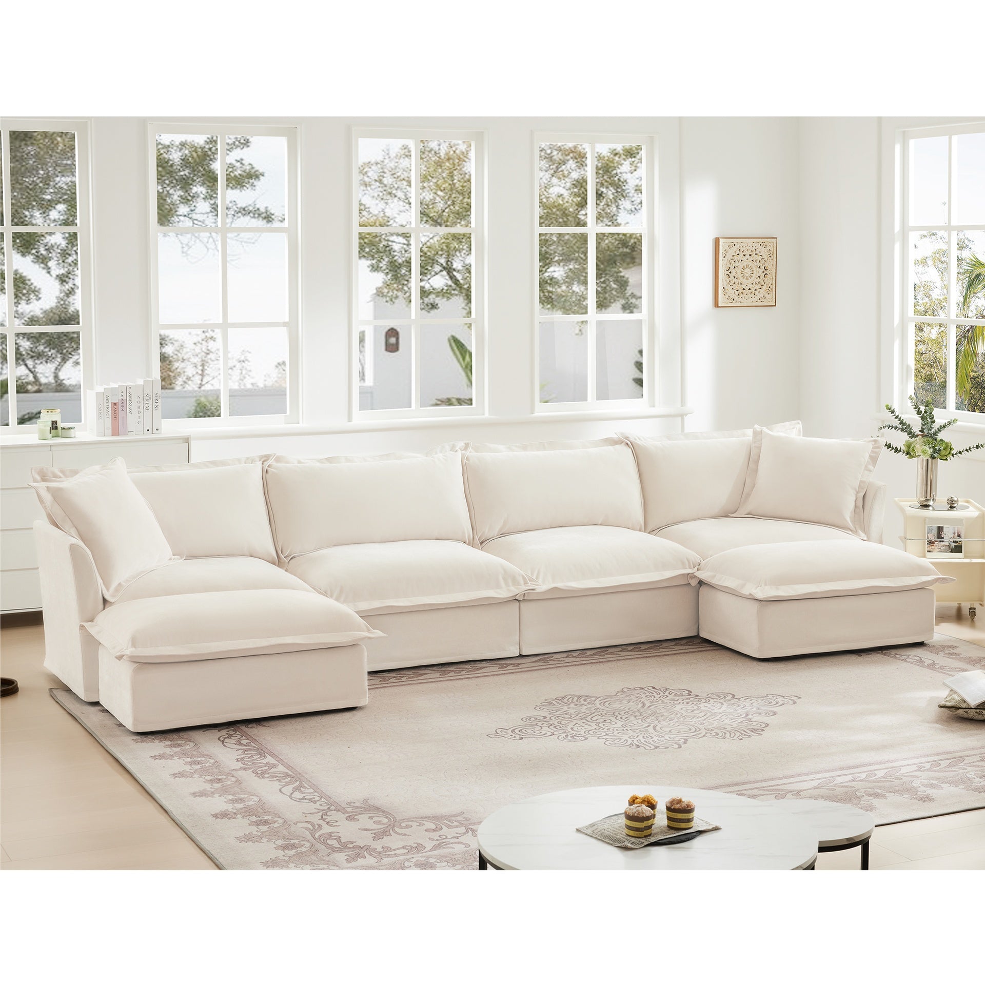 Slipcovered U Shape Sectional Wide and Deep Seat Sofa Couch, 4 Seater Sofa with French Edges Design Multiple Big Pillows, Soft Deep Seat Comfy Cloud Couch for Living Room, Apartment, Chenille Fabric