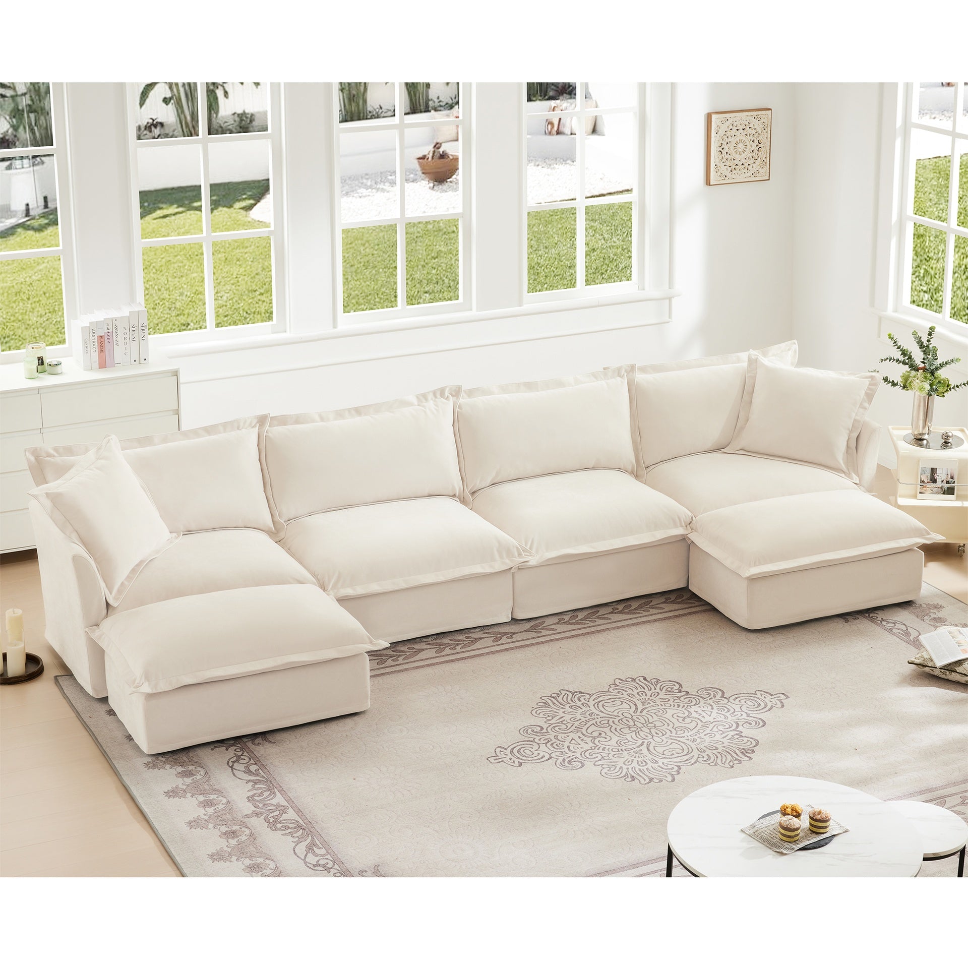 Slipcovered U Shape Sectional Wide and Deep Seat Sofa Couch, 4 Seater Sofa with French Edges Design Multiple Big Pillows, Soft Deep Seat Comfy Cloud Couch for Living Room, Apartment, Chenille Fabric