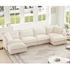 Slipcovered U Shape Sectional Wide and Deep Seat Sofa Couch, 4 Seater Sofa with French Edges Design Multiple Big Pillows, Soft Deep Seat Comfy Cloud Couch for Living Room, Apartment, Chenille Fabric