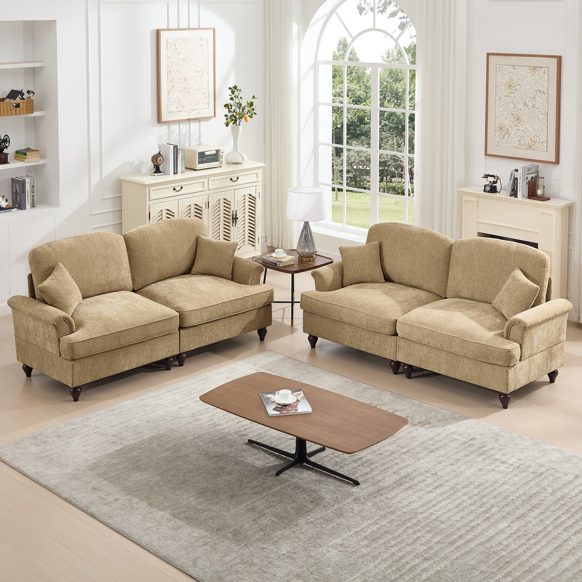 Classic 2 Piece Modular Couch Living Room Sofa Set with Flared Arms and Removable Ruffles Pleats Skirts and Spindle Legs, 2 Seater Sofa + 2-Seat Loveseat Sofa Sets for Living Room, Light Coffee