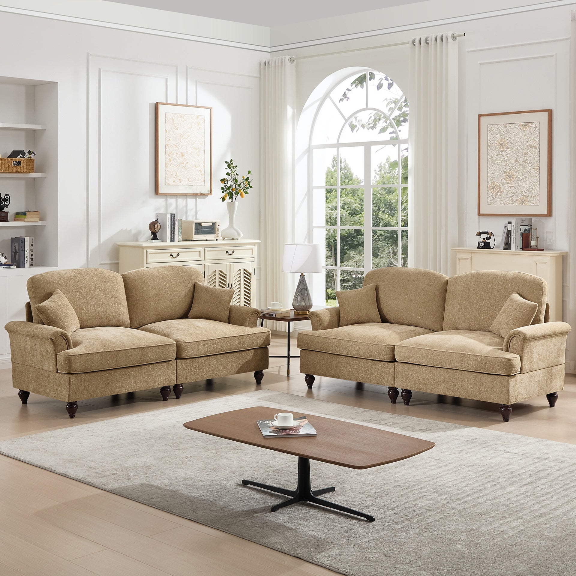 Classic 2 Piece Modular Couch Living Room Sofa Set with Flared Arms and Removable Ruffles Pleats Skirts and Spindle Legs, 2 Seater Sofa + 2-Seat Loveseat Sofa Sets for Living Room, Light Coffee