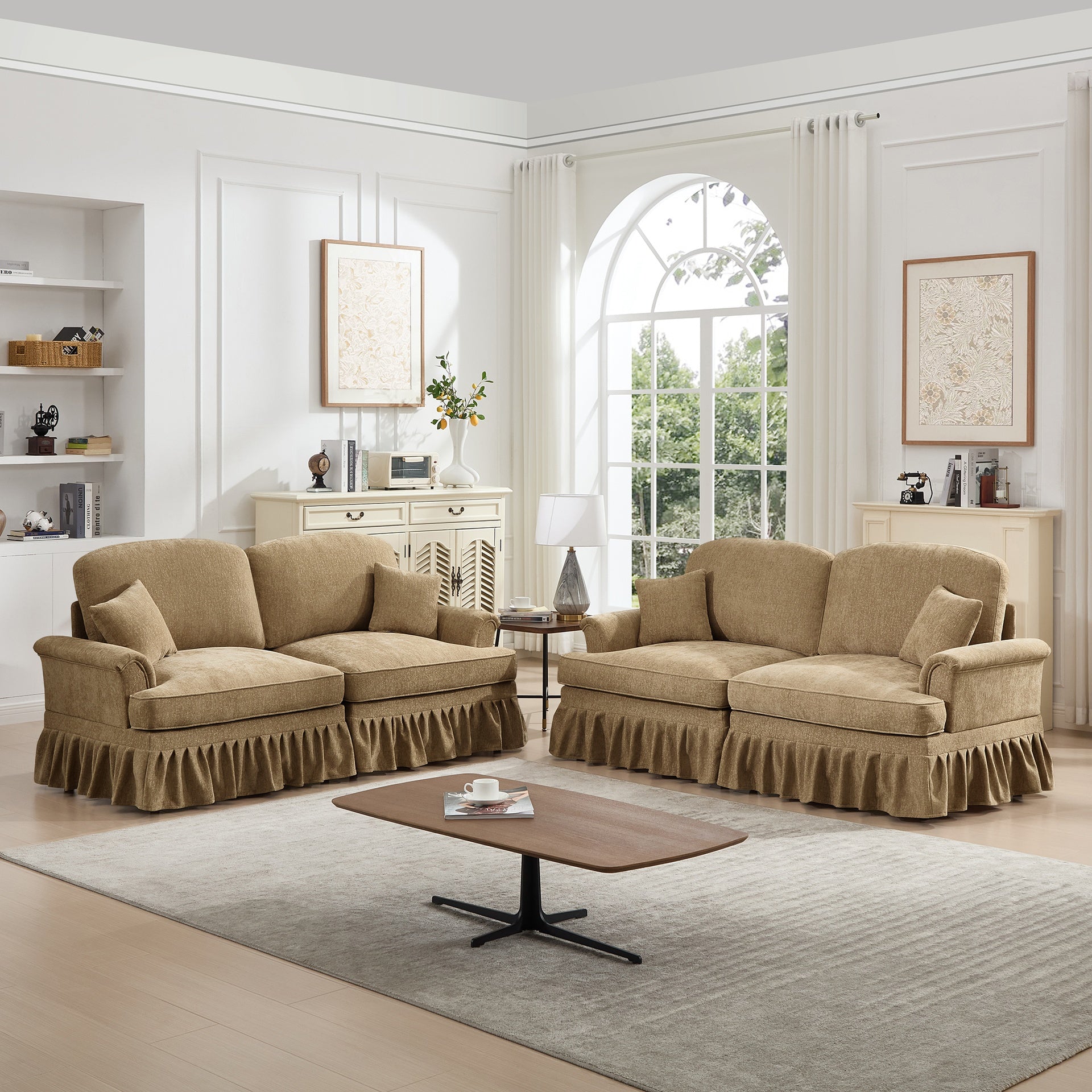 Classic 2 Piece Modular Couch Living Room Sofa Set with Flared Arms and Removable Ruffles Pleats Skirts and Spindle Legs, 2 Seater Sofa + 2-Seat Loveseat Sofa Sets for Living Room, Light Coffee
