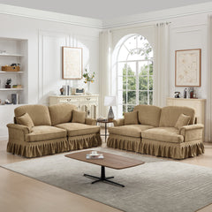Classic 2 Piece Modular Couch Living Room Sofa Set with Flared Arms and Removable Ruffles Pleats Skirts and Spindle Legs, 2 Seater Sofa + 2-Seat Loveseat Sofa Sets for Living Room, Light Coffee