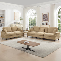 Classic 2 Piece Modular Couch Living Room Sofa Set with Flared Arms and Removable Ruffles Pleats Skirts and Spindle Legs, 3 Seater Sofa + 2-Seat Loveseat Sofa Sets for Living Room, Light Coffee