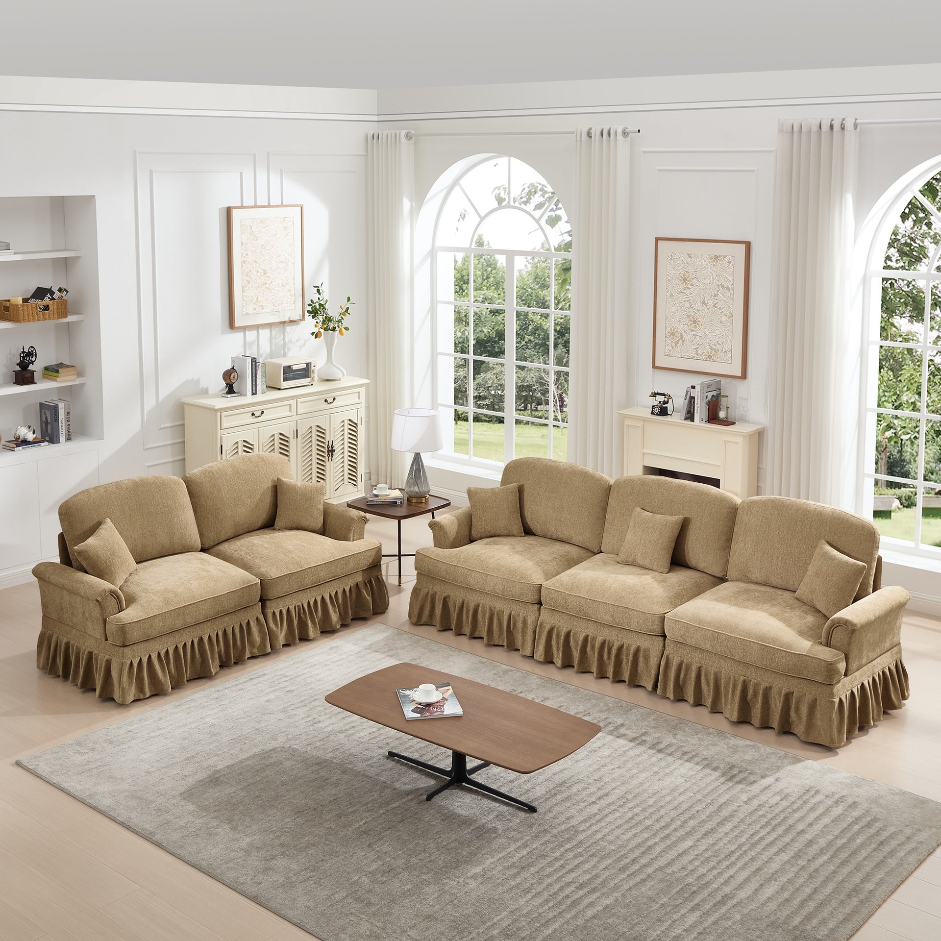Classic 2 Piece Modular Couch Living Room Sofa Set with Flared Arms and Removable Ruffles Pleats Skirts and Spindle Legs, 3 Seater Sofa + 2-Seat Loveseat Sofa Sets for Living Room, Light Coffee