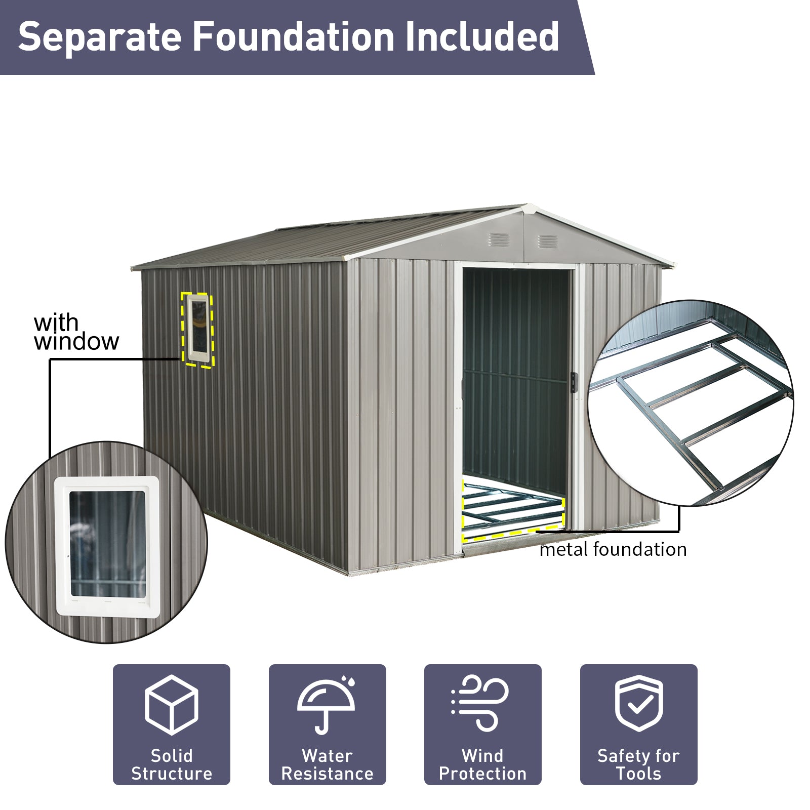 8ft x 10ft Outdoor Metal Storage Shed with Metal Foundation,with Window,Grey(W540S00017)