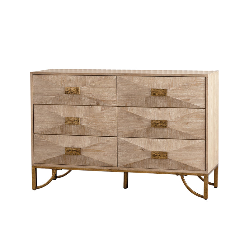 47.24" Light Wood 6-Drawer Dresser - Geometric Relief Chest of Drawers with Gold Metal Legs, Modern Sideboard Console Table for Living Room/Bedroom