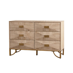 47.24" Light Wood 6-Drawer Dresser - Geometric Relief Chest of Drawers with Gold Metal Legs, Modern Sideboard Console Table for Living Room/Bedroom