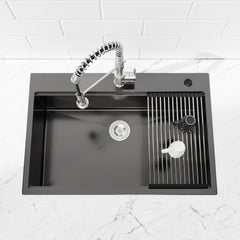 Stainless Steel Kitchen Sink, 33″x22″ Single Bowl, Overmount Handmade Sink in Black, with Cutting Board, Colander, Grid, SS-BL-01