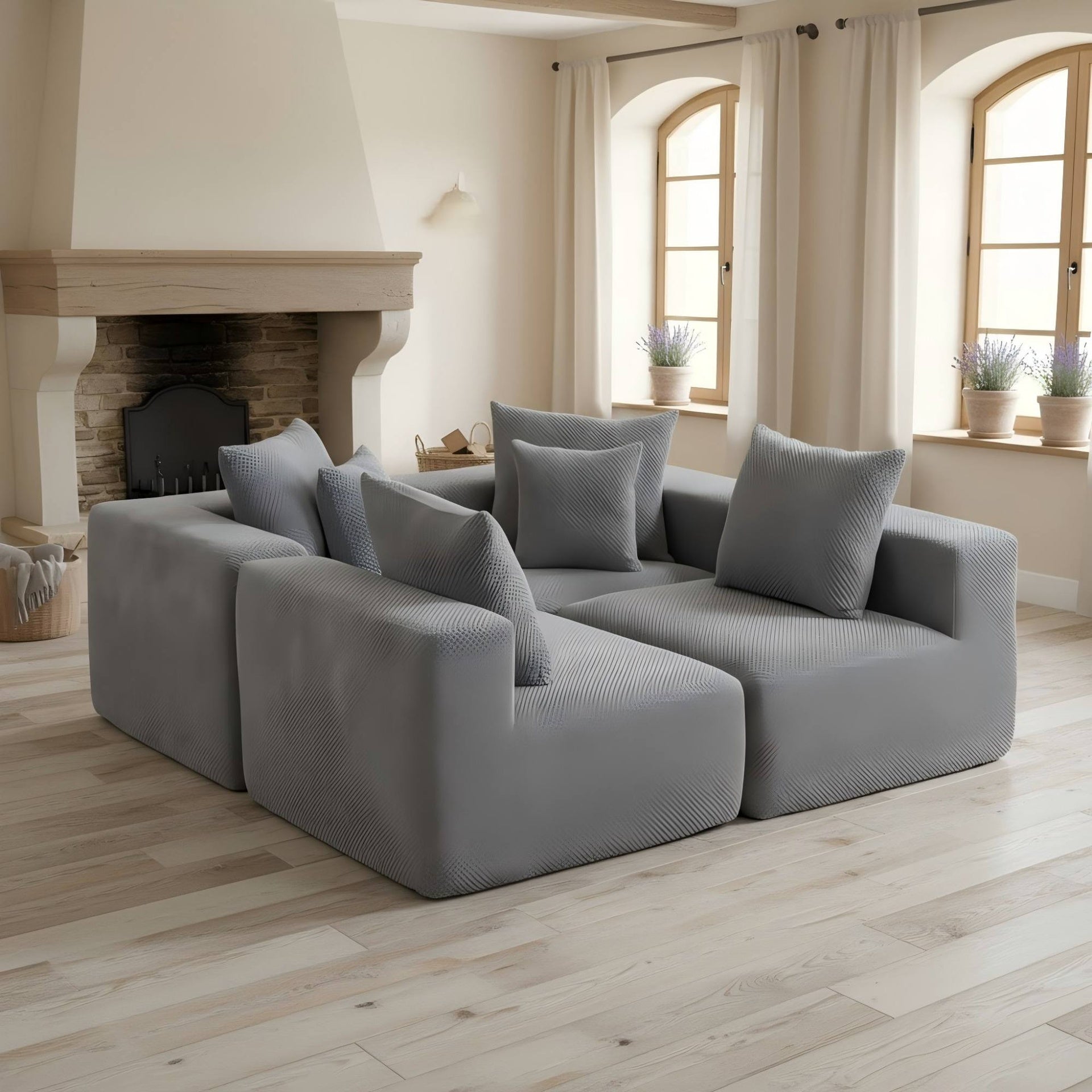 Modular L-Shaped Sectional Sofa, All-Foam Deep-Seat Couch in Plush Textured Chenille, Includes 5 Matching Pillows, Compressed Shipping, 111" W × 74" D × 23.6" H-Grey
