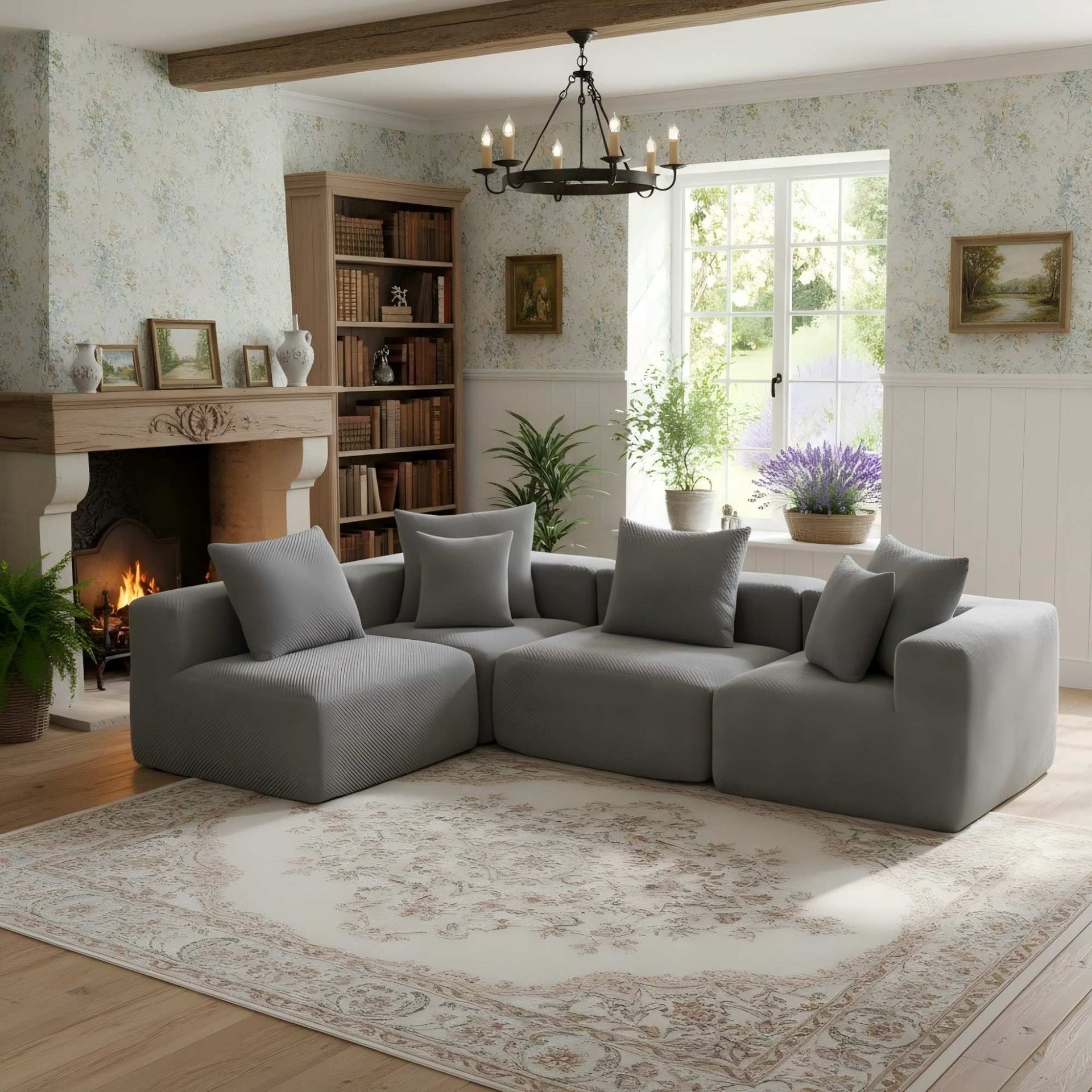 Modular L-Shaped Sectional Sofa, All-Foam Deep-Seat Couch in Plush Textured Chenille, Includes 5 Matching Pillows, Compressed Shipping, 111" W × 74" D × 23.6" H-Grey