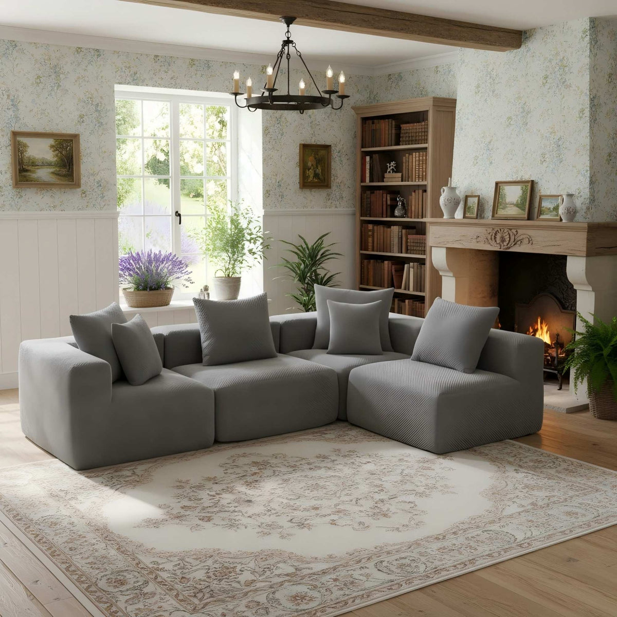 Modular L-Shaped Sectional Sofa, All-Foam Deep-Seat Couch in Plush Textured Chenille, Includes 5 Matching Pillows, Compressed Shipping, 111" W × 74" D × 23.6" H-Grey