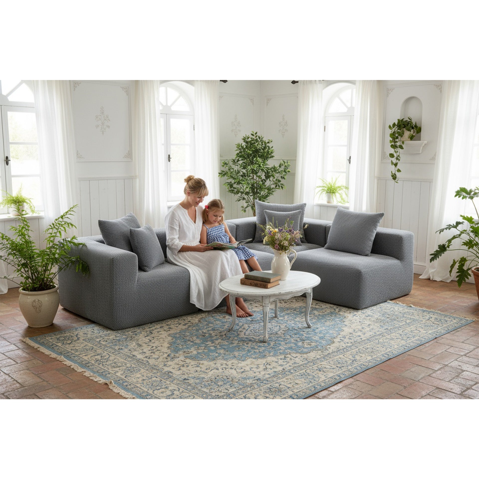 Modular L-Shaped Sectional Sofa, All-Foam Deep-Seat Couch in Plush Textured Chenille, Includes 5 Matching Pillows, Compressed Shipping, 111" W × 74" D × 23.6" H-Grey