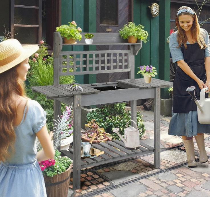 Outdoor Potting Bench Table, Wooden Workstation , Storage Shelf and Dry Sink,
