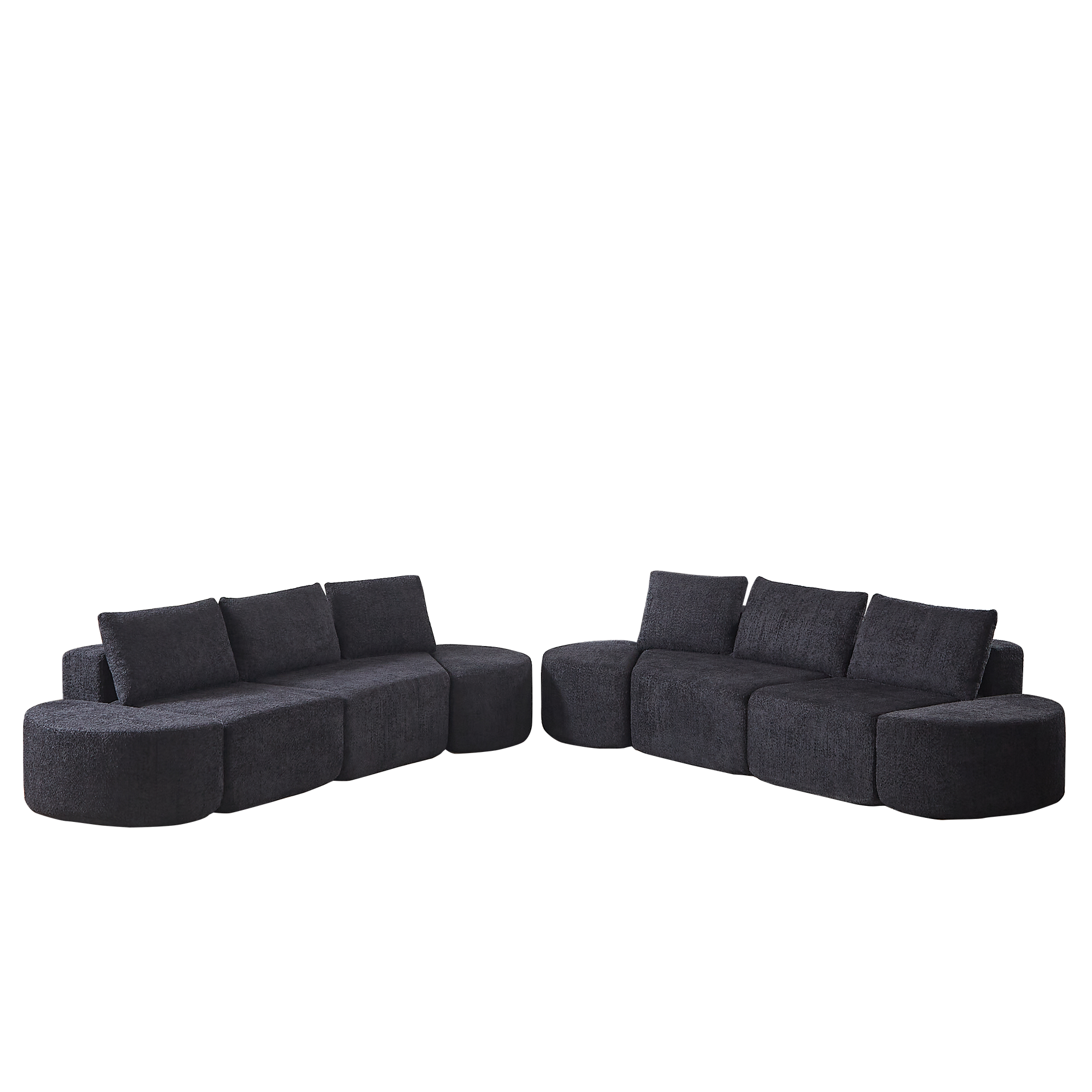 Modular sofa set in chenille fabric, featuring six decorative pillows and four curved footstools, perfectly suited for living rooms, bedrooms, and office spaces. Black