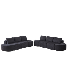 Modular sofa set in chenille fabric, featuring six decorative pillows and four curved footstools, perfectly suited for living rooms, bedrooms, and office spaces. Black