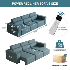 Power Reclining Sofa, Electric 3-Seat Recliner Sofa Modular Recliner Couch with Bluetooth stereo, Wireless Charging, Side Pocket, Power Recliner Couch for Living Room, Home Theater, Apartment