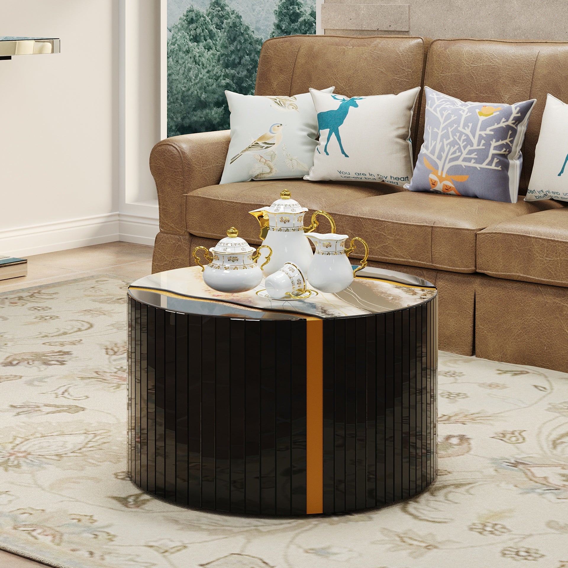 Black gold round mirror coffee table cylindrical black glass with gold powder mirror effect Marble pattern sticker side table modern home decor compact living space.