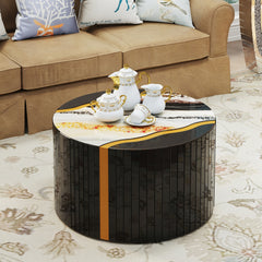Black gold round mirror coffee table cylindrical black glass with gold powder mirror effect Marble pattern sticker side table modern home decor compact living space.