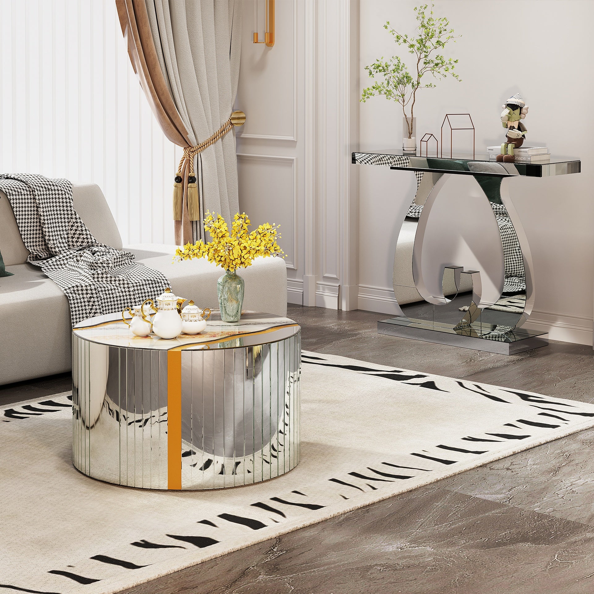 White Marble pattern sticker Round Coffee Table Cylindrical Silver Mirror with Gold Dust Finish Modern Home Decor Compact Center Table